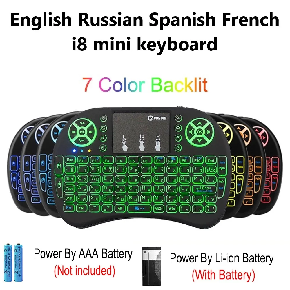 2.4G Wireless Keyboard with Touchpad Backlit i8 Mini Air Mouse English Russian Spanish French Remote Control for Android TV BOX
2.4G Wireless Keyboard with Touchpad Backlit i8 Mini Air Mouse English Russian Spanish French Remote Control for Android TV BOX