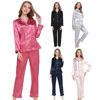 Women's Autumn Silk Long-sleeved Trousers Pajamas Set Turn Down Button Silk Home Wear Elastic Pocket Sleepwear
Women's Autumn Silk Long-sleeved Trousers Pajamas Set Turn Down Button Silk Home Wear Elastic Pocket Sleepwear