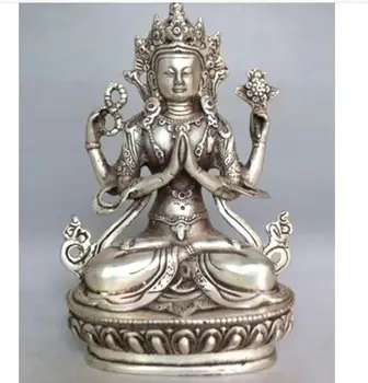 

Copper Statue Tibet Buddhism Silver Bodhisattva Four-armed Avalokiteshvara Buddha Statue 14cm height