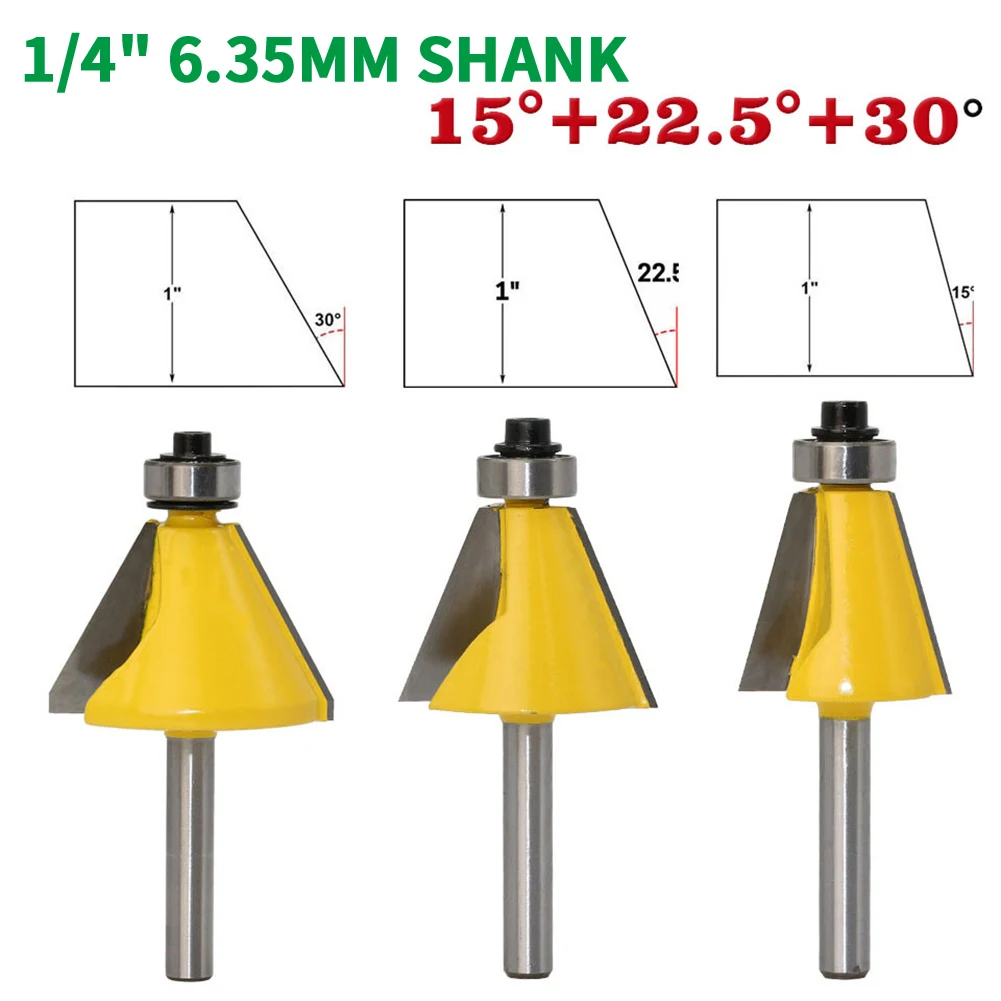 3PCS/Set 1/4" 6.35MM Shank Milling Cutter Wood Carving 15 22.5 30 Degree Chamfer Bevel Edging Router Bit woodworking Router Bits
3PCS/Set 1/4" 6.35MM Shank Milling Cutter Wood Carving 15 22.5 30 Degree Chamfer Bevel Edging Router Bit woodworking Router Bits