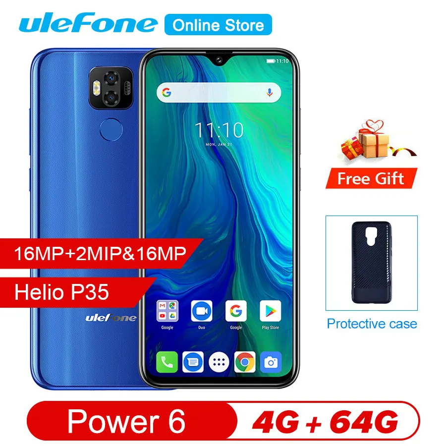 

Ulefone power 6 Smartphone Android 9.0 Helio P35 Octa-core 6350mah 6.3" 4GB 64 GB 16MP face ID NFC 4G LTE Global Mobile Phones