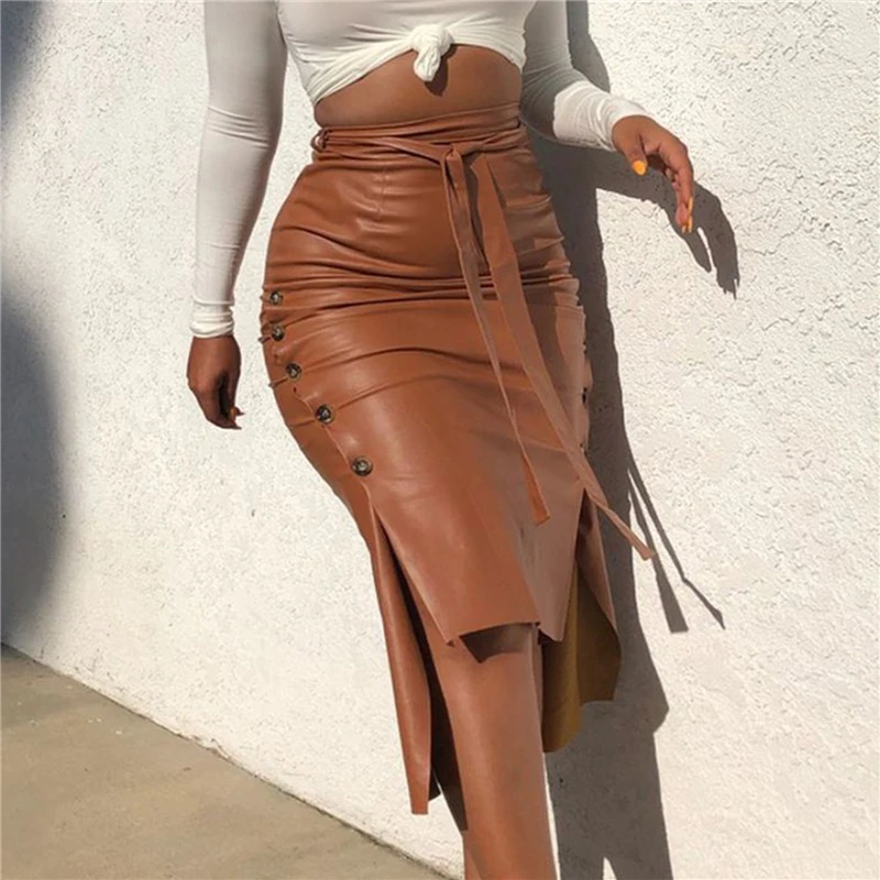 Women's Faux Leather Midi Skirt High Waist Button Trim Solid Color Slit Bodycon Pencil Skirt with Belt
Women's Faux Leather Midi Skirt High Waist Button Trim Solid Color Slit Bodycon Pencil Skirt with Belt