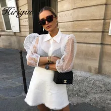 Blusa transparente de malla transparente para mujer, Blusa de manga larga, blusa de moda con botones de perlas, camisa blanca transparente para mujer(China)