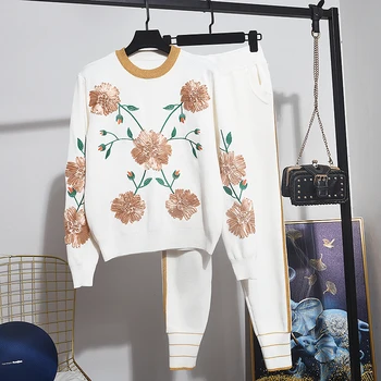 Fashion Handmade Sequin Flowers Long Sleeve Knitted Sweater Trousers Women 2 Piece Set Outfits Casual White Tracksuit Female 2pc
Fashion Handmade Sequin Flowers Long Sleeve Knitted Sweater Trousers Women 2 Piece Set Outfits Casual White Tracksuit Female 2pc