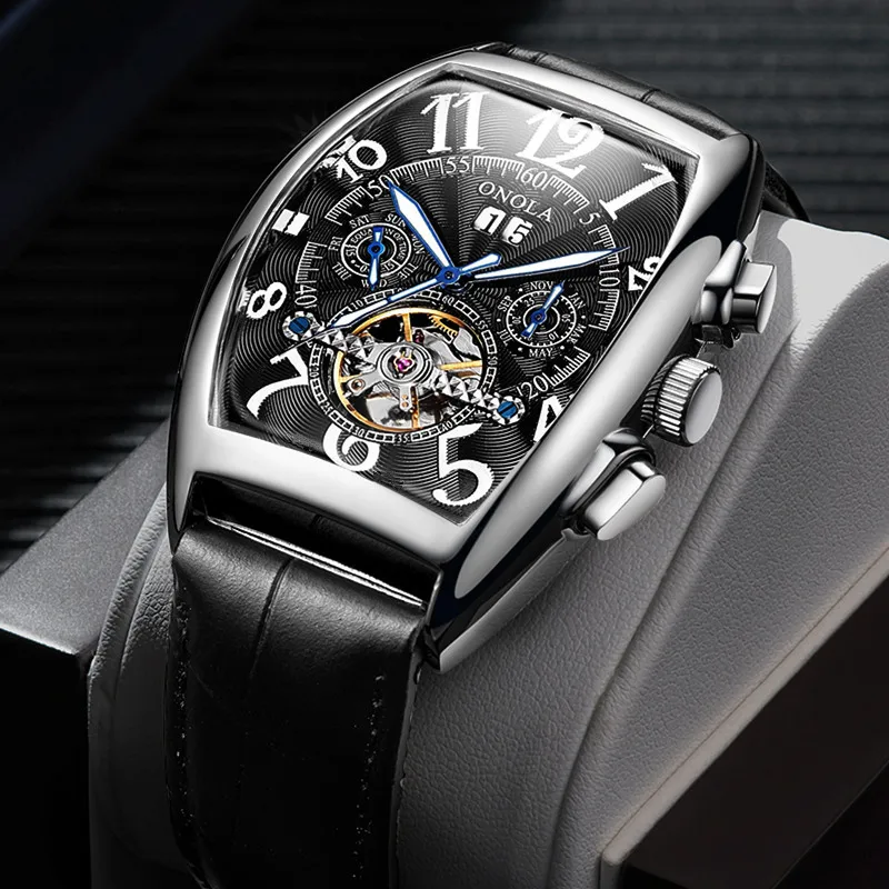 Фото ONOLA Brand Automatic Mechanical Men Watch 2021 Fashion Business wristwatch Unique Leather Belt high grade Gift men BOX | Наручные часы