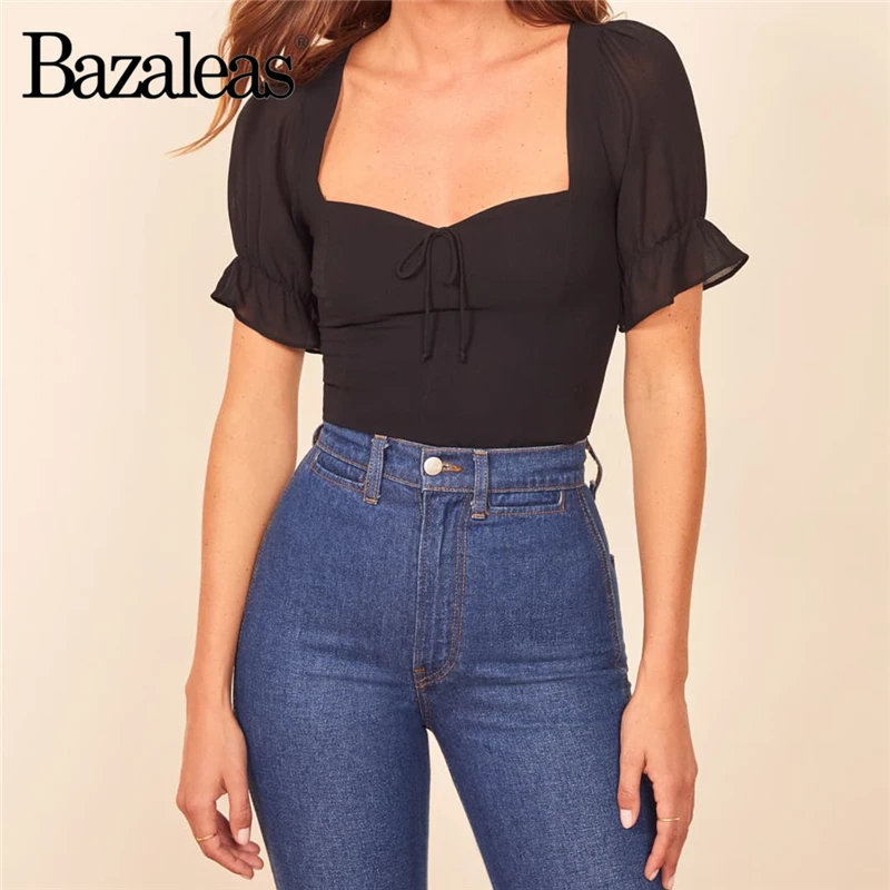 Bazaleas 2020 Франция черная расклешенная короткий рукав блуза женская мода тонкая