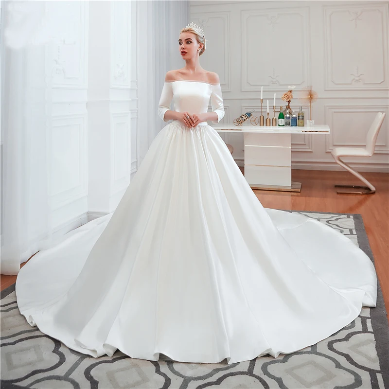 Vestidos De Noiva 2020 New Long Satin Wedding Dresses Lace Up Three Quarter Bridal Gown Mariage Robe De Mariee Custom Made (1)