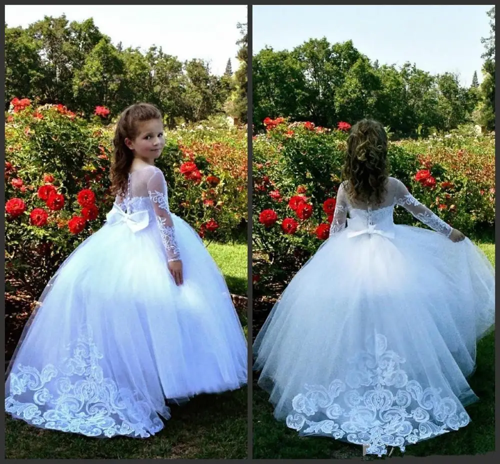 

Flower Girl Dresses White Lace Appliques Jewel Neck Illusion Long Sleeve Ball Gown Tulle Sweep Train Princess Custom