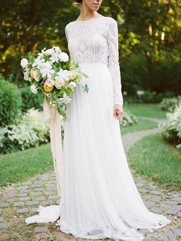 Vestidos de novia Bohemian Country Wedding Dresses With Long Sleeves Bateau Neck A Line Lace Applique Chiffon Boho Bridal Gowns 1