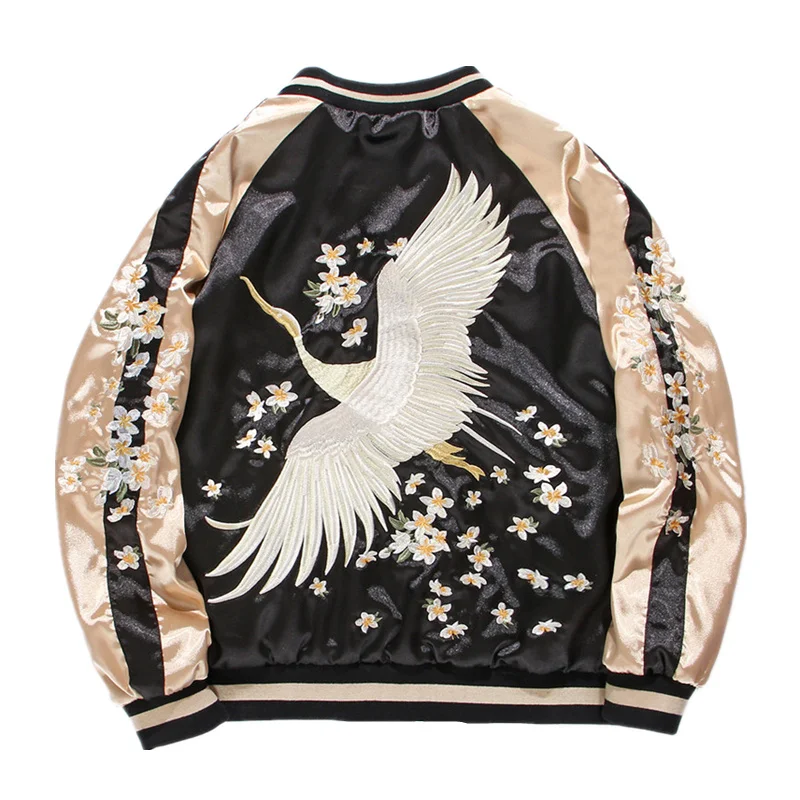 White crane Flower Embroidery Jackets Smooth Men Yokosuka Souvenir Spring Autumn Two Sided Wear Baseball Jacket Casual Coats
White crane Flower Embroidery Jackets Smooth Men Yokosuka Souvenir Spring Autumn Two Sided Wear Baseball Jacket Casual Coats