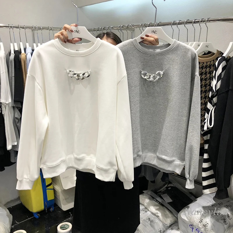 Thick Hoodies for Women Chain Bust Autumn and Winter New Korean Style Round Neck Loose Fleece Pullovers Lady Top
Thick Hoodies for Women Chain Bust Autumn and Winter New Korean Style Round Neck Loose Fleece Pullovers Lady Top