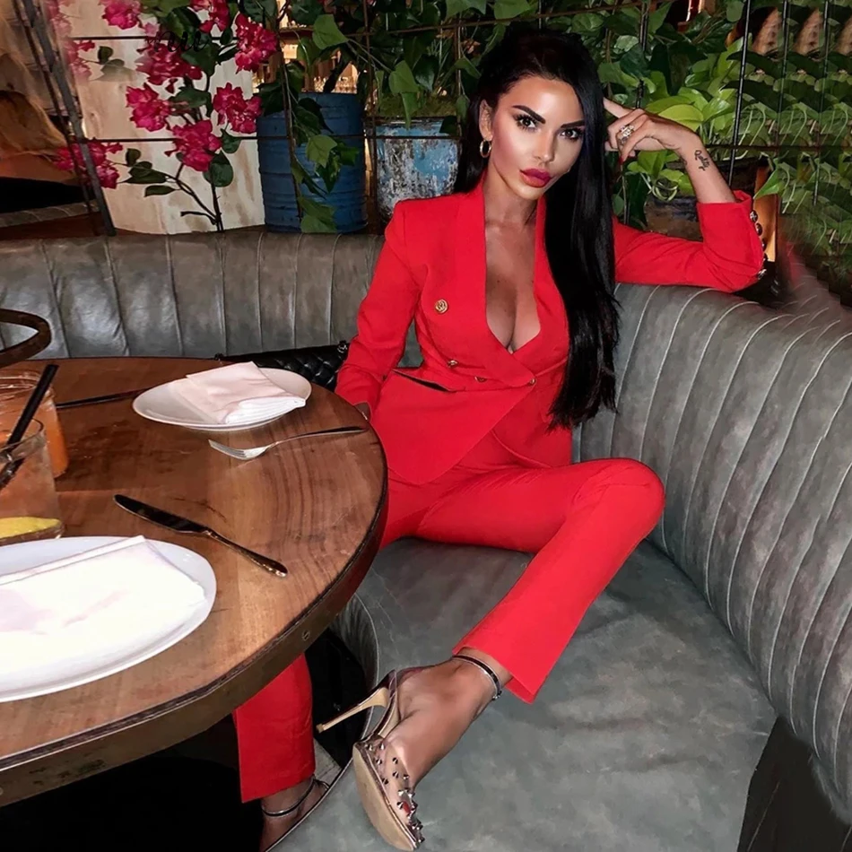 2020 Autumn Winter Fashion Sexy New WomenS Set Double-Breasted Jacket & Pants 2 Two-Piece Office Celebrity Party Pants Set Suit