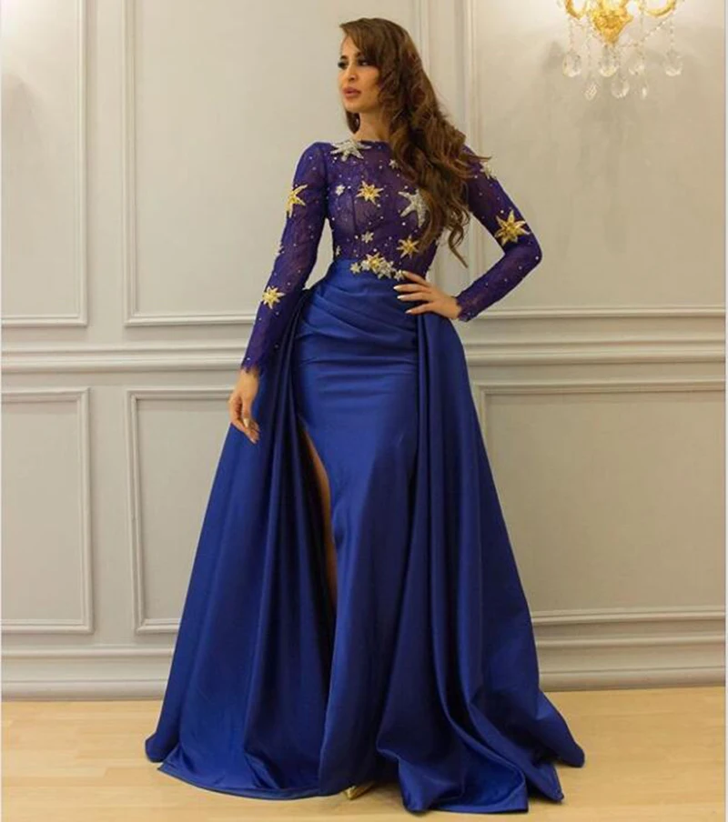 Long Royal Blue Mermaid Evening Dresses 2019 Elegant Long Sleeve Sheer LaceSexy Slit Dubai Arabic Women Formal Evening Gowns 
Long Royal Blue Mermaid Evening Dresses 2019 Elegant Long Sleeve Sheer LaceSexy Slit Dubai Arabic Women Formal Evening Gowns