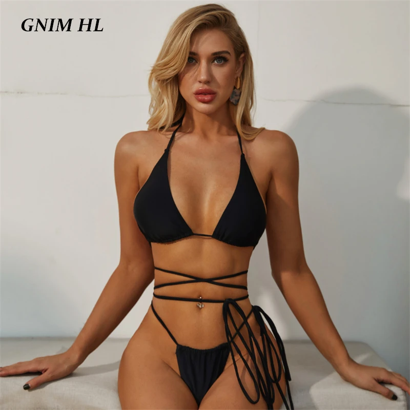 GNIM Solid Black Swimsuit Female Two Piece Bandage Bikini Mujer 2020 Sexy Backless Thong Swimwear Women Summer Beachwear Biquini | Женская
