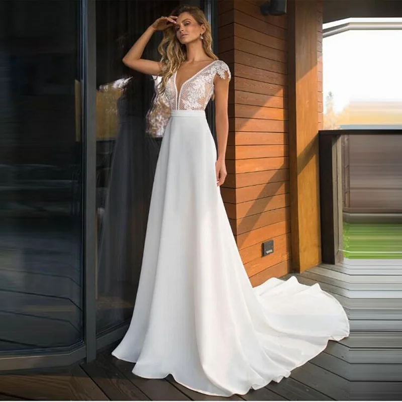 Sexy V-Neck Lace Appliques A-Line Wedding Dresses Backless Simple Short Sleeves Bridal Gowns Custom Vestidos De Mariee Spring
Sexy V-Neck Lace Appliques A-Line Wedding Dresses Backless Simple Short Sleeves Bridal Gowns Custom Vestidos De Mariee Spring