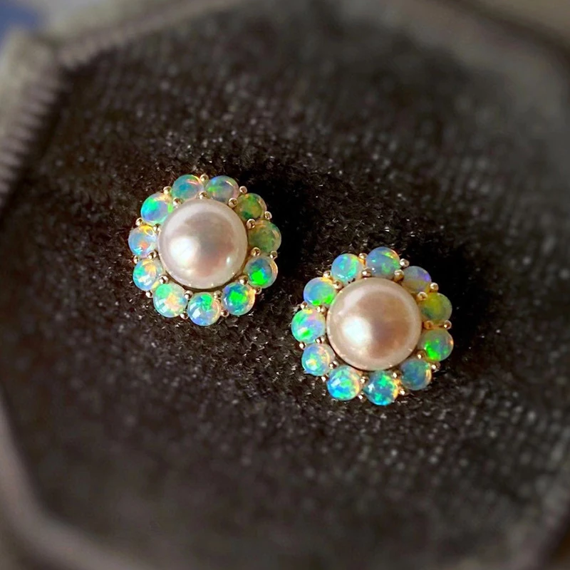 AINUOSHI 18K Gold 0.25ct Natural Opal 5.5-6MM Akoya Pearl Flower-Shaped Stud Earrings For Women Exquisite Gemstone Earrings AINUOSHI 18K Gold 0.25ct Natural Opal 5.5-6MM Akoya Pearl Flower-Shaped Stud Earrings For Women Exquisite Gemstone Earrings
