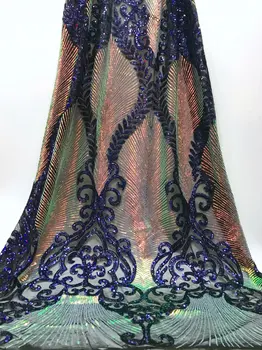 Navy blue Sequins Style African Net Lace Elastic Fabrics 2019 High Quality Sequined Embroidered Mesh Lace Material Wedding dress