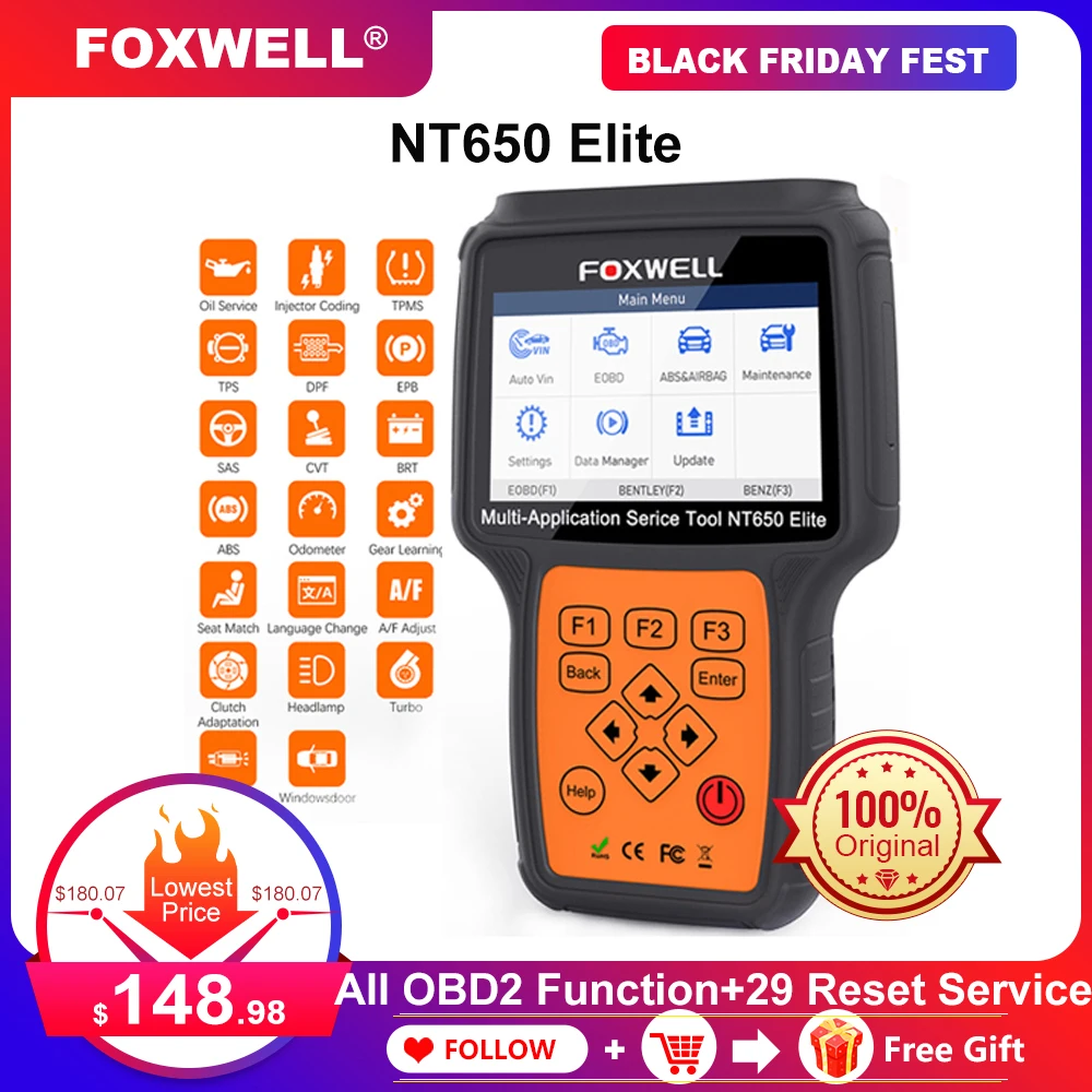 Foxwell NT650 Elite OBD2 Car Diagnostic Tool Engine ABS SRS Airbag 20 Reset function Auto Scanner Automotivo OBD 2 Code Reader
Foxwell NT650 Elite OBD2 Car Diagnostic Tool Engine ABS SRS Airbag 20 Reset function Auto Scanner Automotivo OBD 2 Code Reader