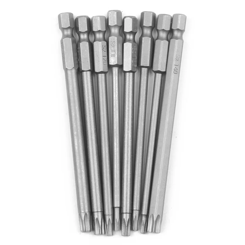 EASY-8 Pieces Hollow Magnetic Torx Screwdriver Bits Set 1/4 Inch Hex Shank Screwdriver Electric Tools T8-T40 100mm