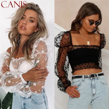 2020 Sexy Women Mesh Sheer Crop Tops Cover-Ups Summer Star Dot Print Puff Sleeve Lace Blouse See-through Women Bikini Cover-Ups
2020 Sexy Women Mesh Sheer Crop Tops Cover-Ups Summer Star Dot Print Puff Sleeve Lace Blouse See-through Women Bikini Cover-Ups