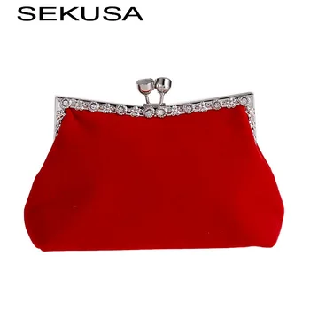 

SEKUSA Velvet diamonds evening bags red black color soft cocktail handbags wedding bridal day clutches purse