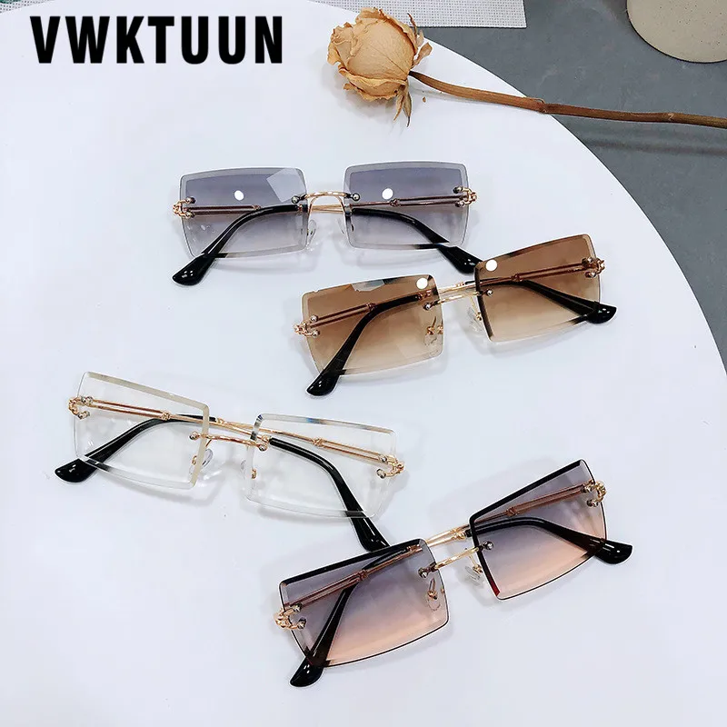 

VWKTUUN Rectangle Sunglasses Women Men Rimless Sun glasses UV400 Points Gradient Sunglasses Woman Gold Metal Small Frame Shades