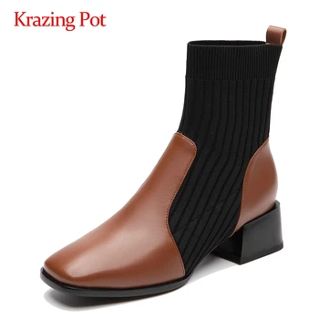 Krazing pot sock boots natural leather mixed colors knitting streetwear square toe thick med heel slip on dress ankle boots L8f1 
Krazing pot sock boots natural leather mixed colors knitting streetwear square toe thick med heel slip on dress ankle boots L8f1