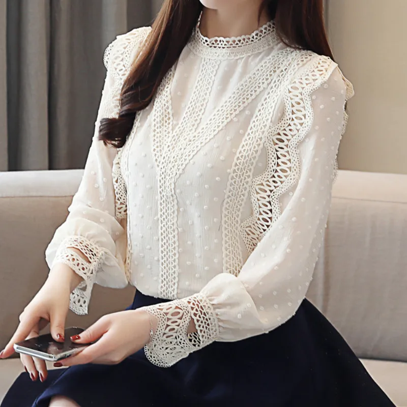 High Quality Plus Size Women Fashion Blouse Stand Collar Long Sleeve Chiffon Shirt Lace Polka Dot Cute Tops Blusas Mujer 2019 
High Quality Plus Size Women Fashion Blouse Stand Collar Long Sleeve Chiffon Shirt Lace Polka Dot Cute Tops Blusas Mujer 2019