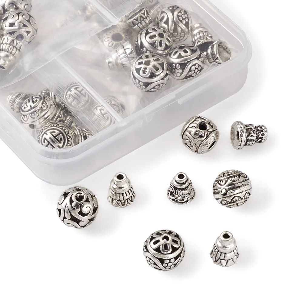 

20set/box Guru Bead Sets Alloy Prayer Beads 3-Hole Round & Calabash Buddha Head Beads Cap Antique Silver Color Jewelry Making