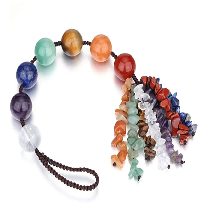

FYJS Unique Handmade Weave 7 Colors Stone Round Beads Pendant with Irregular Shape Gravel Healing Chakra Jewelry