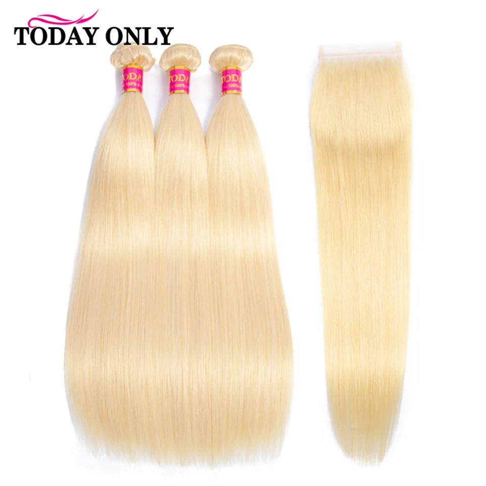 613 Blonde Bundles With Closure Brazilian Straight 3 / 4 Honey Human Hair Remy | Шиньоны и парики