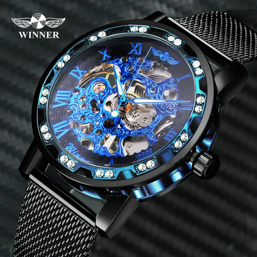 WINNER Luxury Brand Mechanical Skeleton Watch Stainless Steel Mesh Bracelet Crystal Iced Out Watches Blue Dial Dress Wristwatch
WINNER Luxury Brand Mechanical Skeleton Watch Stainless Steel Mesh Bracelet Crystal Iced Out Watches Blue Dial Dress Wristwatch
