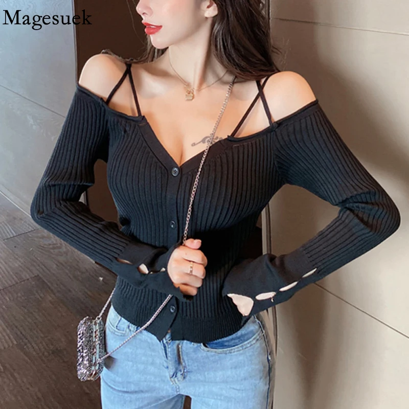 

Korean Sexy Shoulder Strap Black Crop Top Cardigan Women Slim Off Shoulder Knitwear Long Sleeve Hollow Out Knitted Sweater 18367