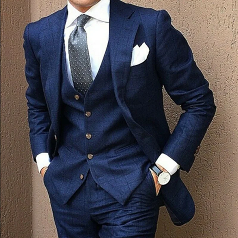 

Men's Tweed Navy British Check Suits Formal Groom Prom 3 pieces Notch Lapel One Button Tuxedos 36 38 40 42 44
