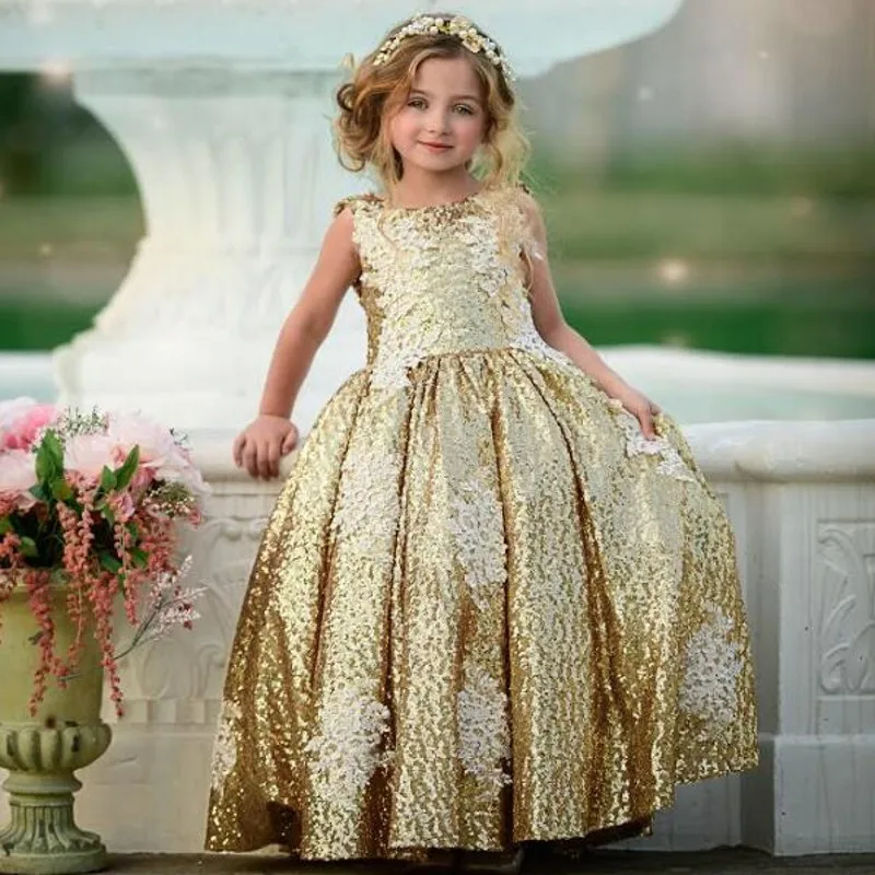 Fashion Gold Sequin Flower Girl Dresses Lace Applique First Holy Communion Gowns For Girls
Fashion Gold Sequin Flower Girl Dresses Lace Applique First Holy Communion Gowns For Girls