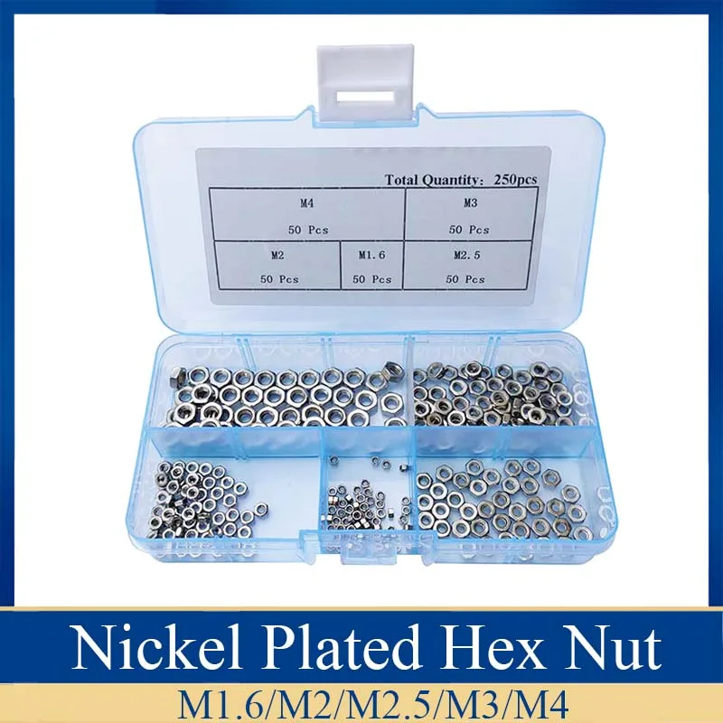 250Pcs/set Nickel Plated M1.6 M2 M2.5 M3 M4 Carbon Steel Hex Nut Assortment Kit Hexagon Nuts Metric Thread Assortment Kit
250Pcs/set Nickel Plated M1.6 M2 M2.5 M3 M4 Carbon Steel Hex Nut Assortment Kit Hexagon Nuts Metric Thread Assortment Kit