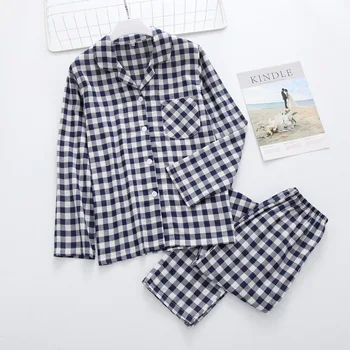 New Yarn-dyed Couple 2 Piece Pajamas Lattice Cotton Gauze Long Sleeve Trousers Home Wear Pajamas Set Bielizna Damska Komplety
New Yarn-dyed Couple 2 Piece Pajamas Lattice Cotton Gauze Long Sleeve Trousers Home Wear Pajamas Set Bielizna Damska Komplety