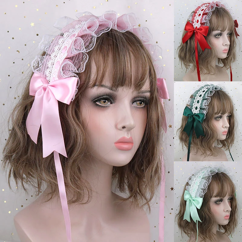 

Cute Lace Ribbon Bowknot Headband Cosplay Headdress Cute Japanese sweet Lively Alloy Hair Band Lolita Cos Maid opaski do wlosow