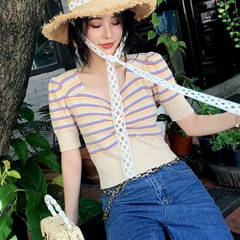 Women's T-Shirt Buttons Fashion V Neck Striped Solid Short Sleeve Knitted Slim Crop Top T-Shirt 
Women's T-Shirt Buttons Fashion V Neck Striped Solid Short Sleeve Knitted Slim Crop Top T-Shirt