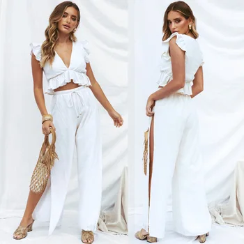 Wild European And American Women's Sexy V-neck Ruffled Sleeveless Chiffon Top Split Wide-leg Pants Two-piece Suit
Wild European And American Women's Sexy V-neck Ruffled Sleeveless Chiffon Top Split Wide-leg Pants Two-piece Suit