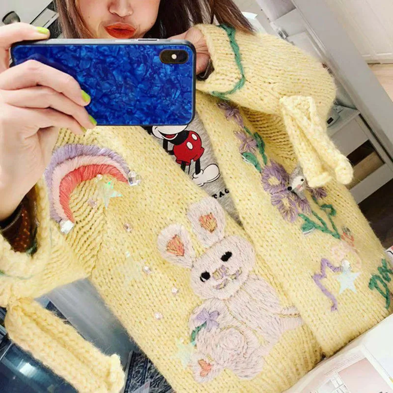 Brand Designer Yellow Long Sweaters Hand Knitted Stick Needle Stereo Cat Rabbit Embroidery Cardigan Women Clothes 2019 Fall
Brand Designer Yellow Long Sweaters Hand Knitted Stick Needle Stereo Cat Rabbit Embroidery Cardigan Women Clothes 2019 Fall