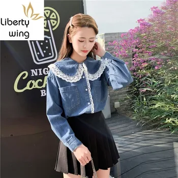 Spring Lace Peter Pan Collar Preppy Woman Denim Shirt Fashion Summer Retro Loose Long Sleeve Blouse Single Breasted Blusas
Spring Lace Peter Pan Collar Preppy Woman Denim Shirt Fashion Summer Retro Loose Long Sleeve Blouse Single Breasted Blusas