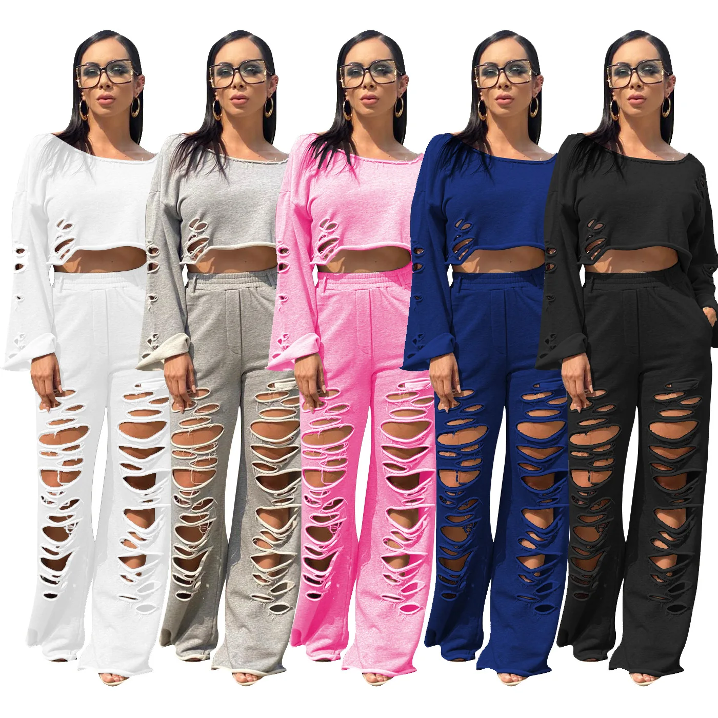 2020 Autumn Women Suit Simple Style Solid Color Hollow Out Crop Top & Bell-bottoms European And American Casual Two Piece Set
2020 Autumn Women Suit Simple Style Solid Color Hollow Out Crop Top & Bell-bottoms European And American Casual Two Piece Set