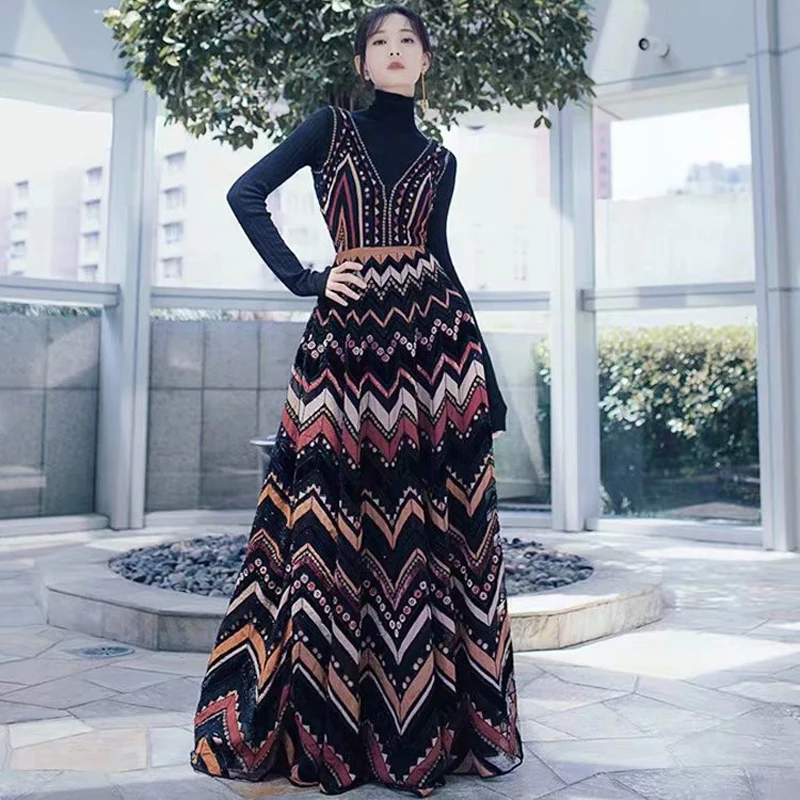 Black Knit Base Top Long Sleeve Turtleneck Print Boho Retro Slim Mid-Length Dress Two-Piece Set 2020 High Quality New Women
Black Knit Base Top Long Sleeve Turtleneck Print Boho Retro Slim Mid-Length Dress Two-Piece Set 2020 High Quality New Women