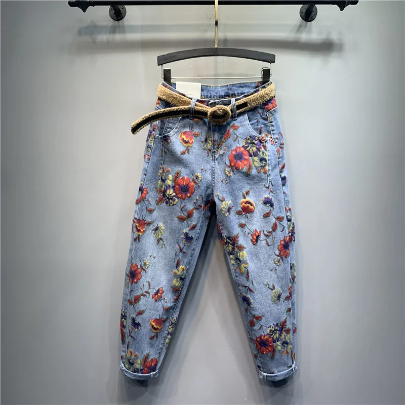 Flower Jeans Woman 2020 Spring New High-Waist Loose Harem Pants Personality Printed Denim Trousers Female Femme | Женская одежда
