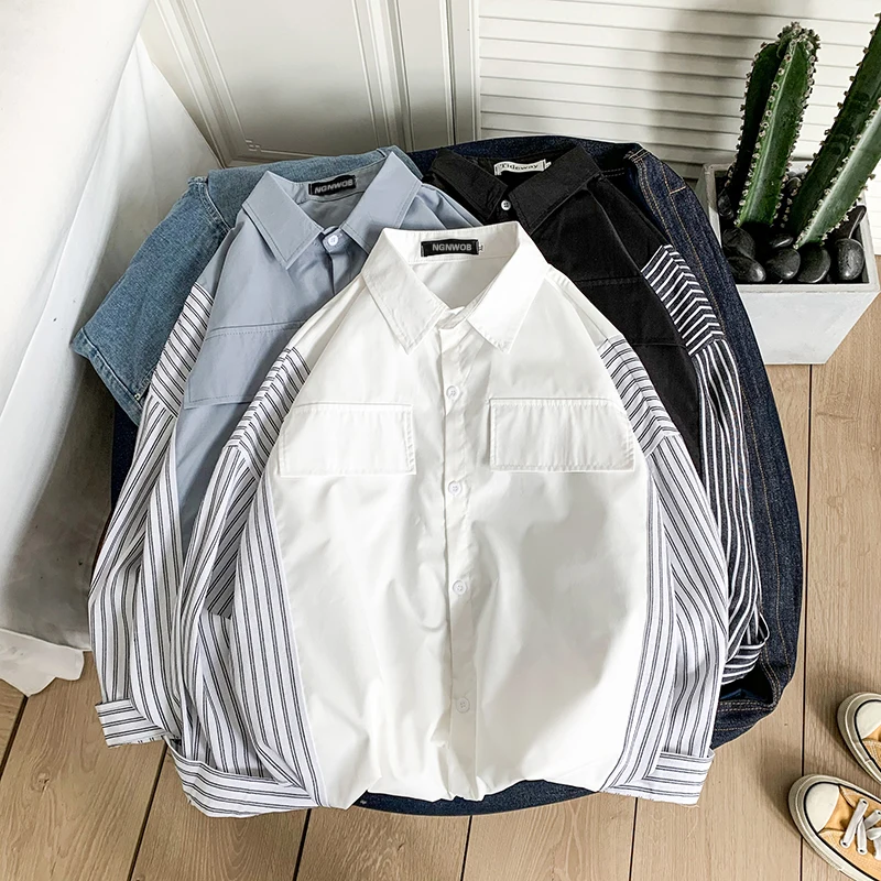

2022 Men Spring Autumn New Fake Two-piece Striped Shirts Men's DK Uniform Loose Blouses Male Long Sleeve Casual Shirts O839