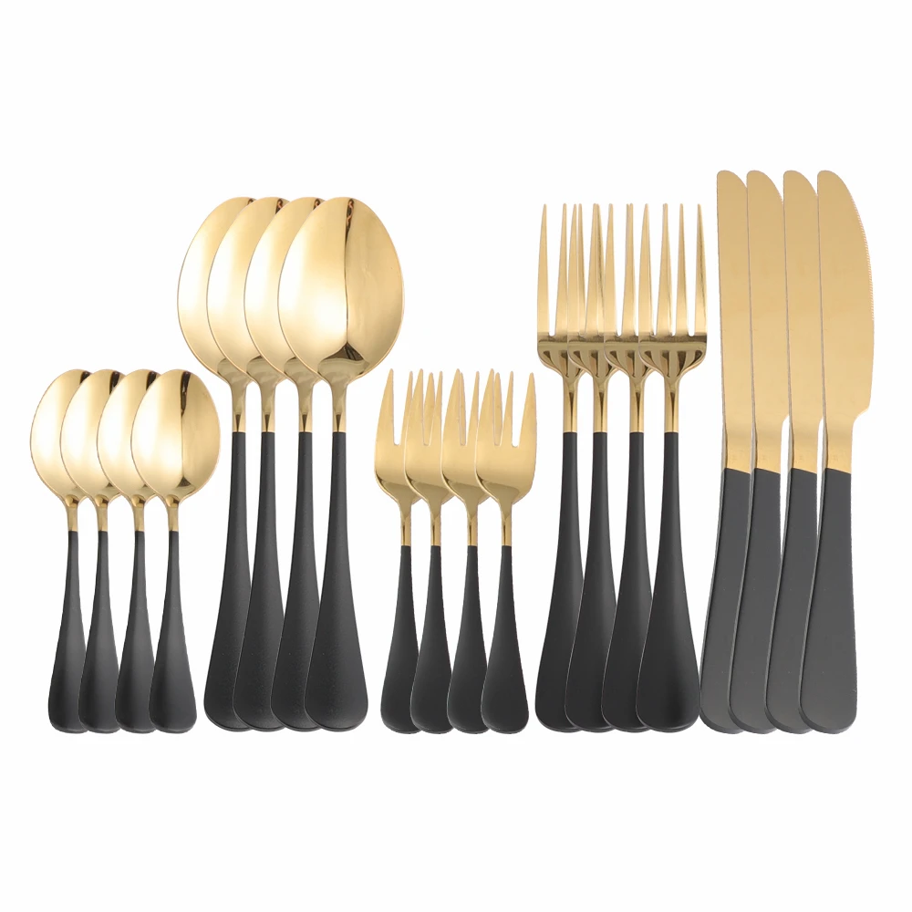 

20Pcs Black Gold Stainless Steel Cutlery Tableware Set Dinnerware Dinner Wedding Flatware Set Forks Knives Spoons Set Silverware