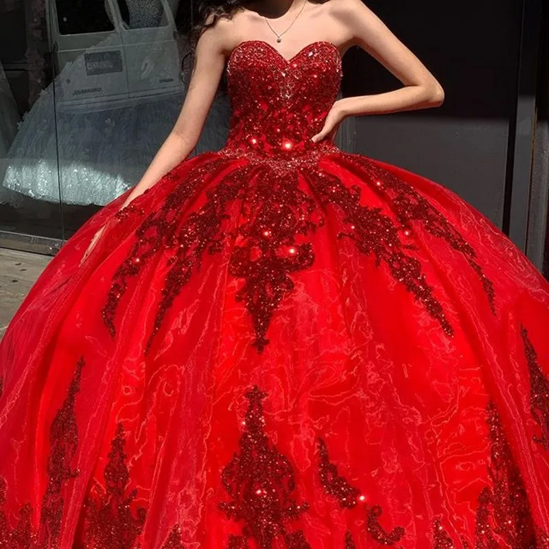 

Red Organza Sweet 16 Quinceanera Dress Sequined Applique Beaded Sweetheart Pageant Dresses Mexican Girl Prom Birthday Gown
