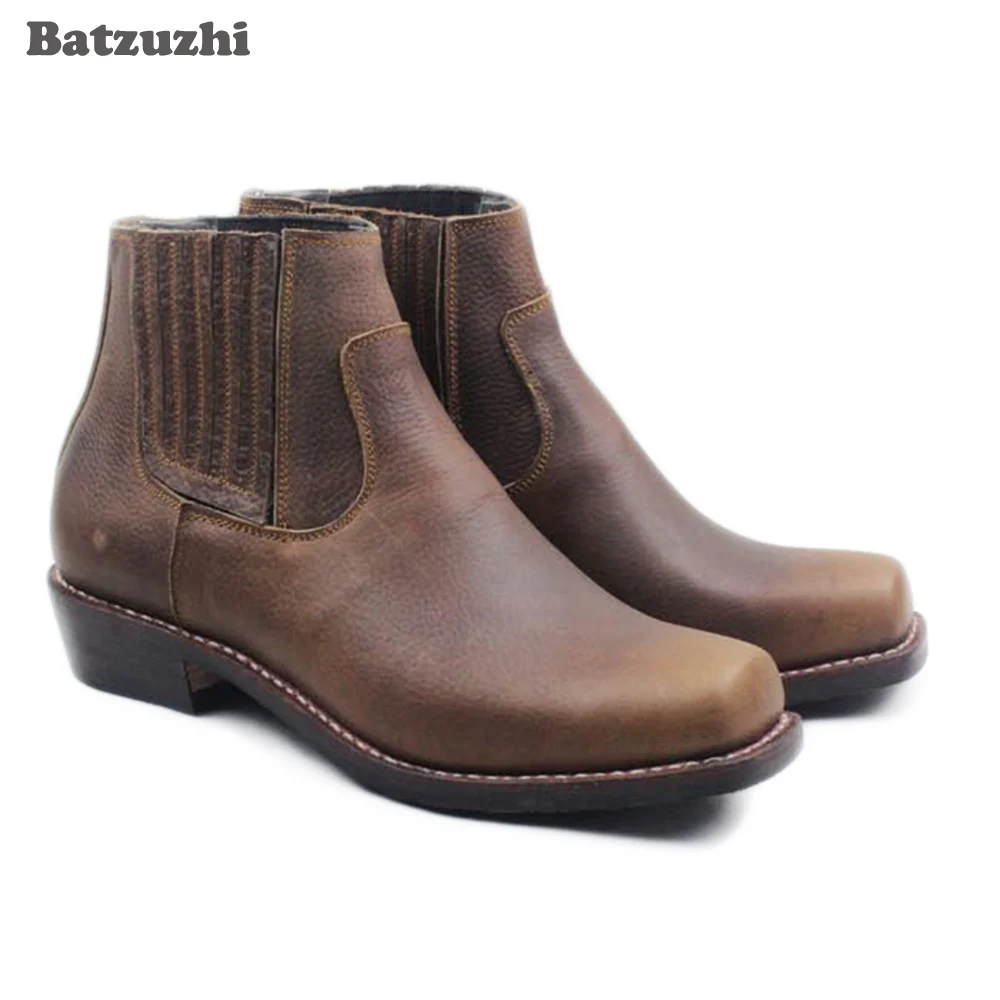 

Handmade Western Cowboy Men's Boots Square Toe Real Cowhilde Genuine Leather Boots Men Ankle Motorcycle Botas Militares, EU38-46