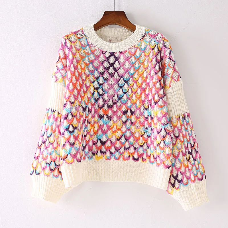 

Korean-Style Long-Sleeved Sweater Loose Pullover Multi-Color Mixed Yarn Rhombus Plaid Harajuku Flame Knit Sweater